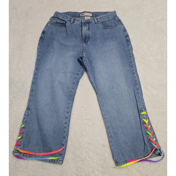 Faded Glory Denim - Vintage Y2K-era Faded Glory Denim Capris Sz 10 With Neon Rainbow Lace-up Ties